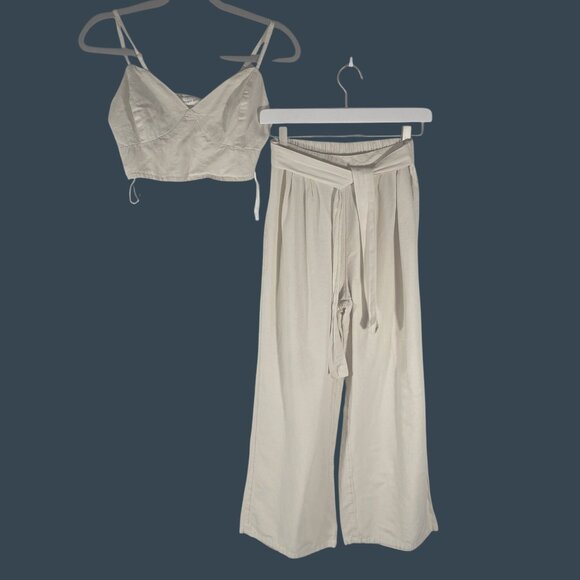 Night sky Linen Blend Crop Top & Wide Leg Pants Set Ivory S neutral co ord set - Picture 2 of 13